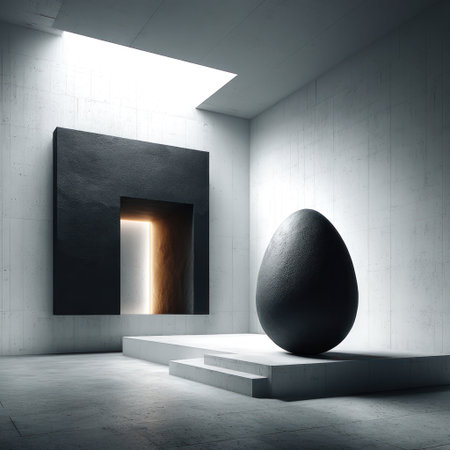 A stone striking egg stands on steps, illuminated by warm light in a sleek gallery.の素材