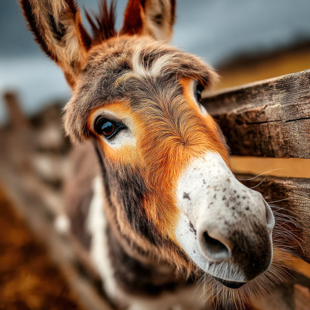 Donkey curiously looks over a fence in a calm countryside setting during the afternoon.の素材