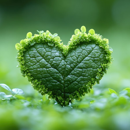 A heart shaped leaf emerges from lush greenery, symbolizing nature's beauty and love.の素材