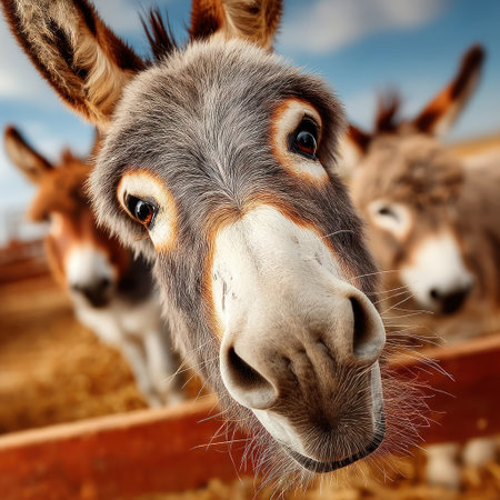 Three playful donkeys explore their pen under sunny skies.の素材