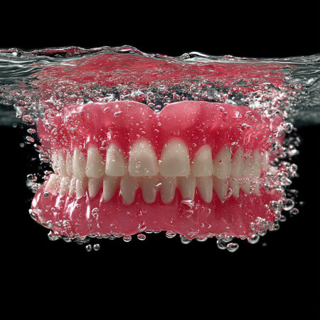 A captivating display of dentures submerged in water, surrounded by lively bubbles.の素材