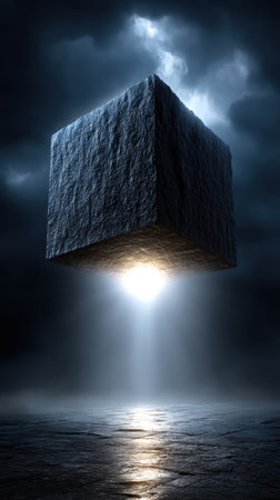 A hovering cube lights up a dark landscape, adding an air of mystery.の素材