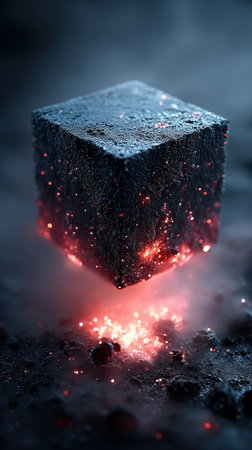 A glowing cube hovers above a spark filled surface, creating a mystical scene of light.の素材
