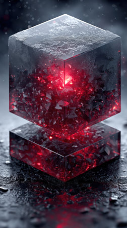 Two stacked crystal cubes emit a captivating red glow in a shadowy setting.の素材