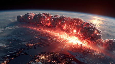 A stunning eruption showcases vibrant colors illuminating the night sky above Earth.の素材