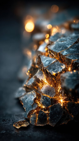 Shimmering rock fragments illuminated in the darkness create a magical scene.の素材