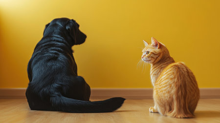 A black lab sits calmly while an orange tabby cat looks curiously at the viewer.の素材