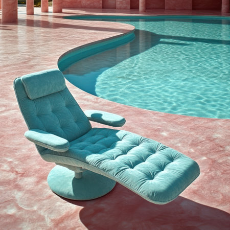 A comfortable lounge chair invites relaxation beside the sparkling turquoise pool.の素材