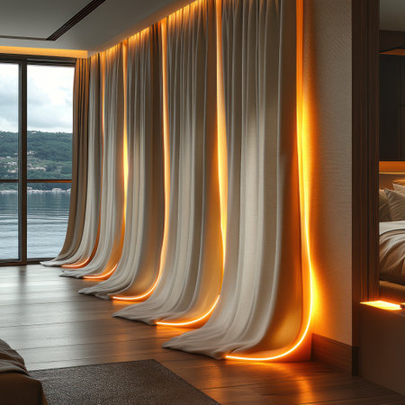 Soft light from curtains illuminates the tranquil bedroom overlooking a serene lake.の素材