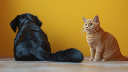 A curious orange cat watches a black dog from behind in a sunny yellow room.の素材