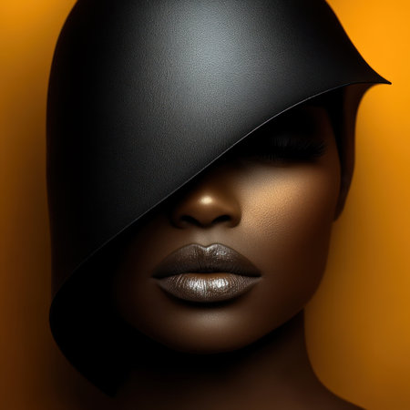 Model showcases striking makeup and a unique headdress against a vibrant backdrop.の素材