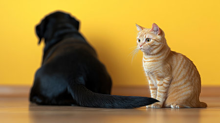 A striped orange cat sits calmly near a playful black dog in a sunny room.の素材