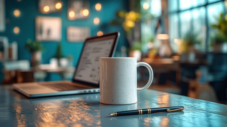 A warm and inviting workspace features a laptop, coffee mug, and soft lighting.の素材