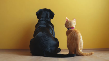 A black dog and orange cat sit side by side, gazing at a bright yellow wall.の素材