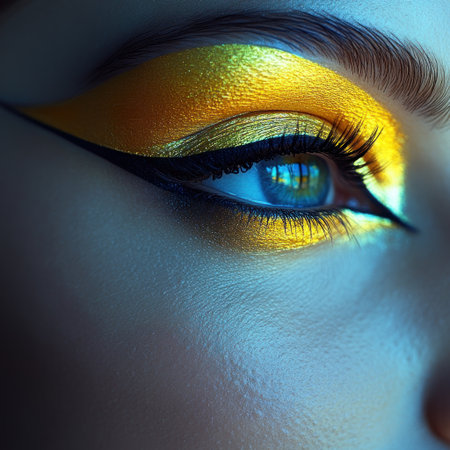 Bold eye makeup design with striking gold and deep blue shades creates a stunning lookの素材