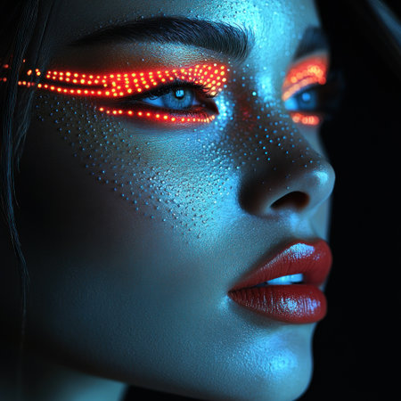 A stunning model showcases vibrant makeup with glowing accents and intricate details.の素材