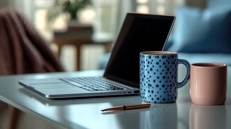 Warm and inviting space with a laptop, colorful mugs, and soft textures for productivity.の素材