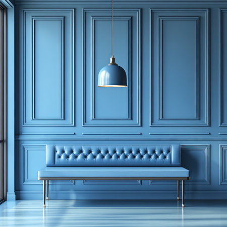 Bright blue interior showcases a tufted bench beneath a sleek pendant light fixture.の素材