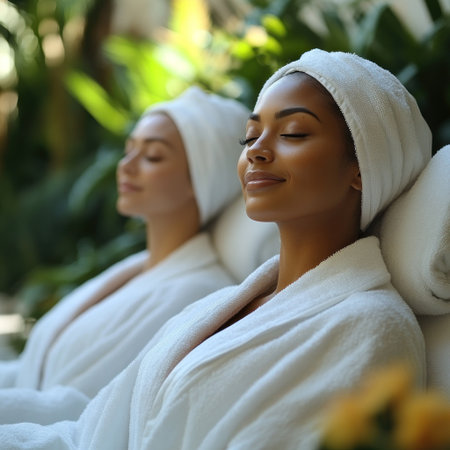 Two friends unwind in a peaceful spa, enjoying a calming experience surrounded by nature.の素材