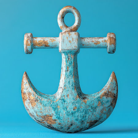 A vintage anchor against a bright blue backdrop highlights its weathered history.の素材
