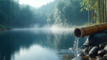 Gentle water flows from a bamboo spout into a calm river surrounded by lush greenery.の素材