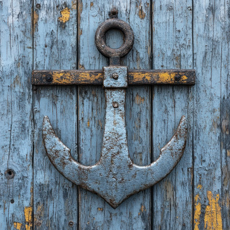 A large anchor fixture stands out against a weathered blue door, showing signs of age.の素材