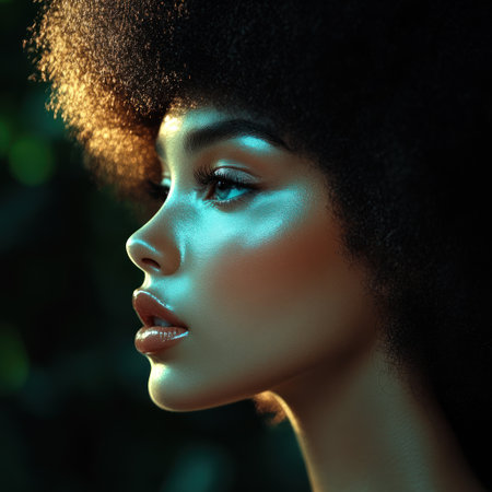 A person with defined features and a glow stands before a green backdrop.の素材