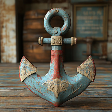A weathered blue anchor on a rustic wooden floor evokes maritime charm.の素材