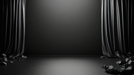 A dark backdrop highlights smooth curtains and rough stones, creating intrigue.の素材