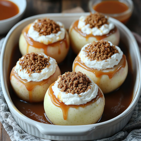 Baked apples with frosting, caramel, and crunchy crumbs are ready to enjoy!の素材