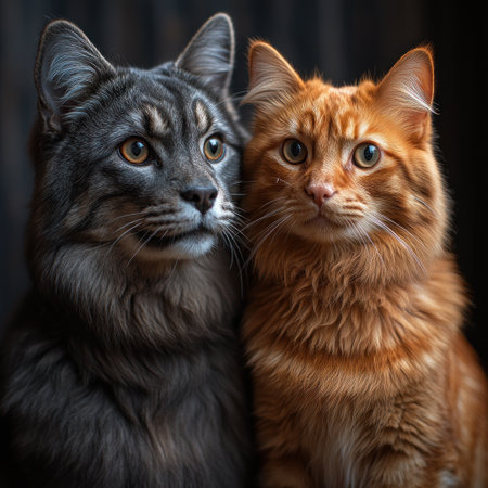 Two friendly cats share a moment of connection in a warm indoor space.の素材