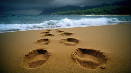 Gentle waves wash ashore, revealing footprints on soft sand under a moody sky.の素材