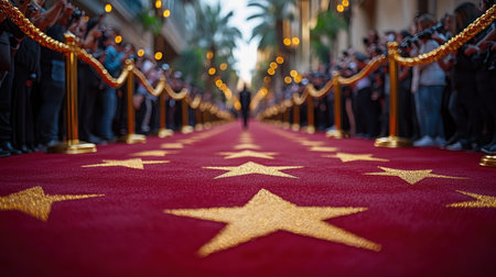 Guests line the red carpet, adorned with stars, eagerly awaiting celebrities.の素材