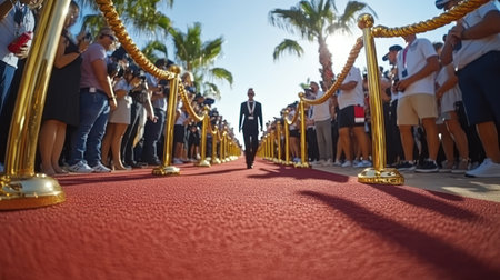 Spectators lining the red carpet cheer as a celebrity approaches under clear blue skies.の素材