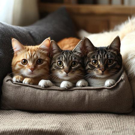 Three cats snuggle close on a soft cushion in a cozy and inviting living room space.の素材