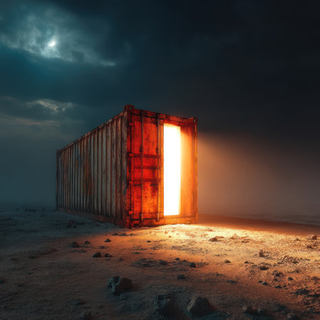 A glowing container emits light in a desolate area, hinting at something unknown.の素材