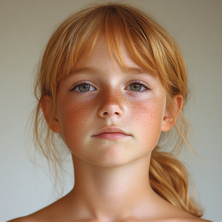 Young girl with red hair and freckles gazes thoughtfully at the camera.の素材