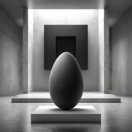 A stone egg stands prominently on a white pedestal in a sleek gallery room.の素材