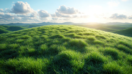 Sunlight dances on lush hills, creating a serene morning with clouds.の素材