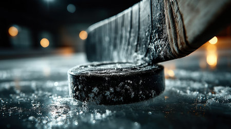 A hockey player strikes the puck with a stick on the ice rink, showcasing intense focus.の素材