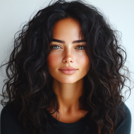 Confident young woman with curly hair smiles warmly, radiating joy and charm.の素材