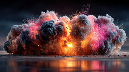 A powerful explosion fills the sky with bright colors and billowing smoke.の素材