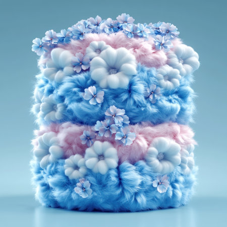 A vibrant cake is beautifully decorated with plush flowers in blue and pink shades.の素材
