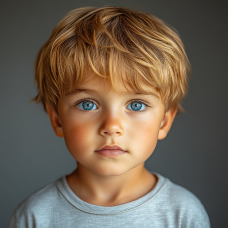 Bright eyed child gazes directly at the viewer with a curious expression indoors.の素材