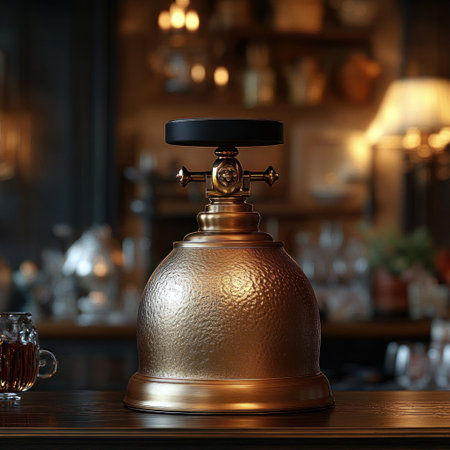 A beautiful brass bell sits on a wooden counter, inviting customers to the cafe.の素材