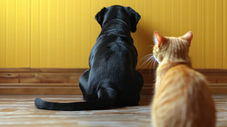 A black dog and an orange cat sit together, watching outside a sunny window.の素材