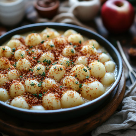 Small, round dumplings sit in a bowl, topped with spices and herbs in a warm kitchen.の素材