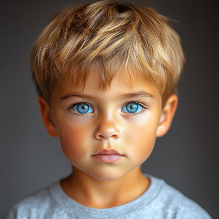 A young boy stands quietly, his bright blue eyes capturing attention in a soft light.の素材