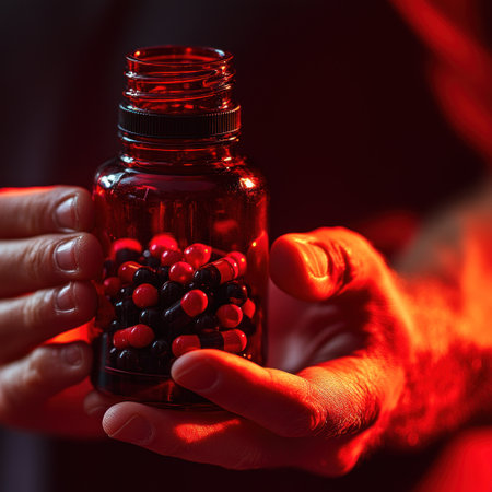 Hands carefully grasp a dark jar packed with colorful capsules glowing softly.の素材