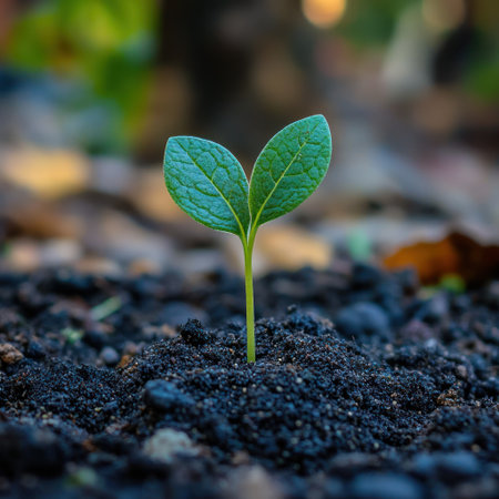 A tiny green sprout breaks through the dark soil, signaling new growth at dawn.の素材